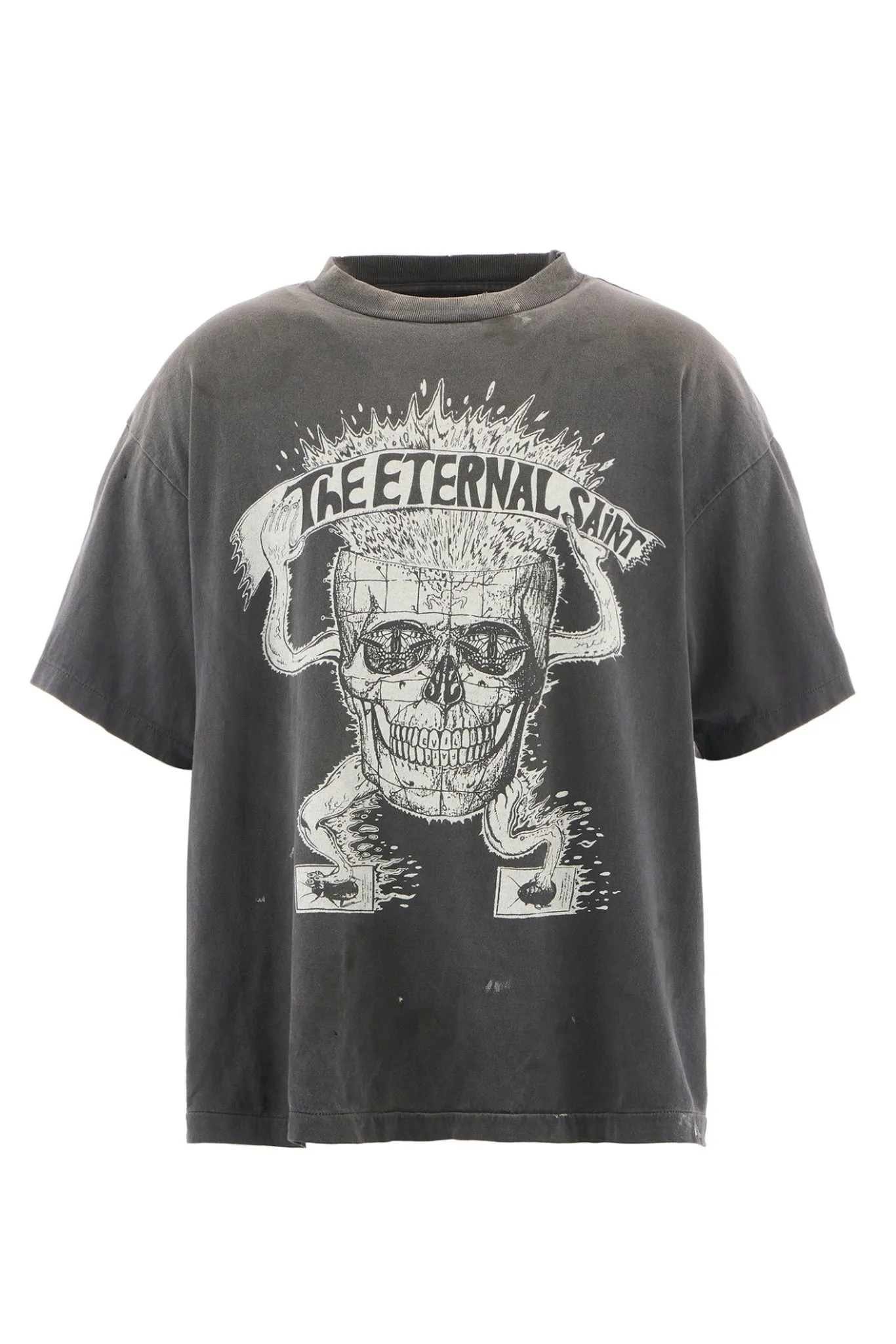 SAINT Mxxxxxx SS TEE/THE ETERNAL/BLK Latest Skeleton Beetle Distressed Sulfur Dyeing Retro Short Sleeves Washed Black S-XL Garment Dyeing Rewashed for Distressed Horse Replacement Faded Top Printing Technology Simulates Natural Distressed Style Really Correct Version Original Consistent Main Mark/Washed Mark/Angel Anti-Counterfeiting Mark